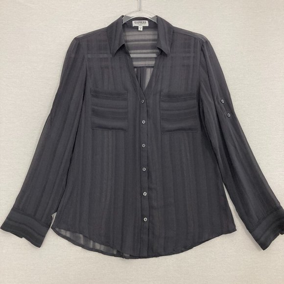 Express Tops - Express The Portofino Shirt Slim Dark Gray Striped Sheer Button Down Medium